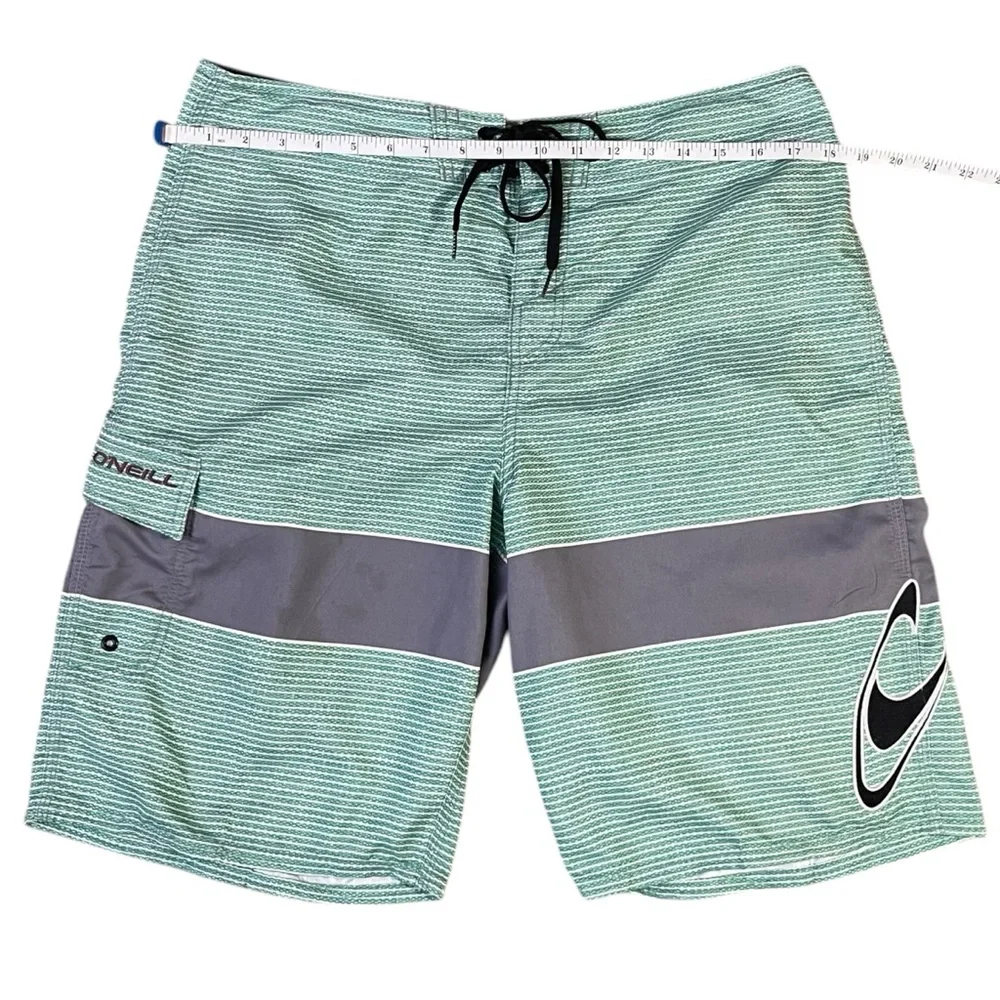 O’Neill Mint Green Gray Striped Board Shorts Men’s Size 34 Surf Swim‎ Beachwear